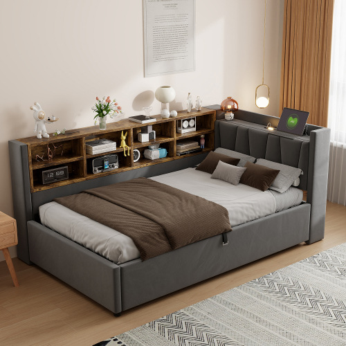 Multi-functional Soft Bed with Storage Space and LED Lights