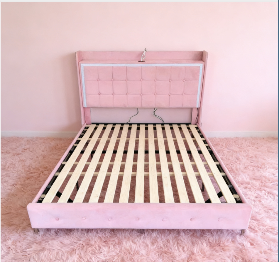 Modern Minimalist Pink Upholstered Bed