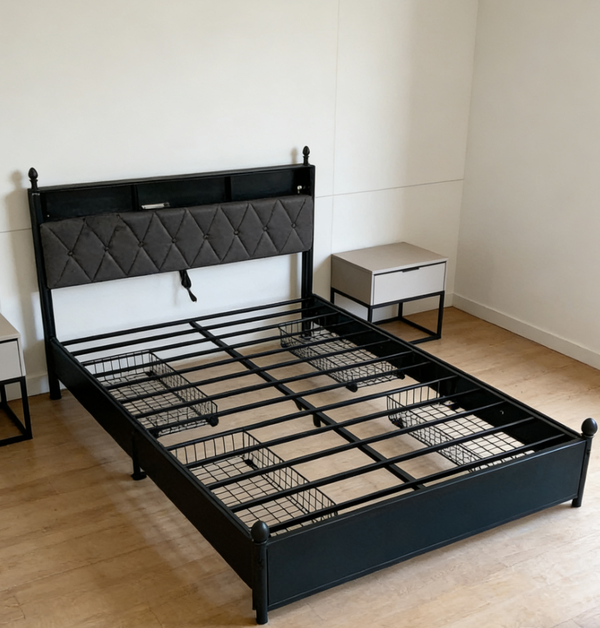 Black Upholstered Bed with Storage Function