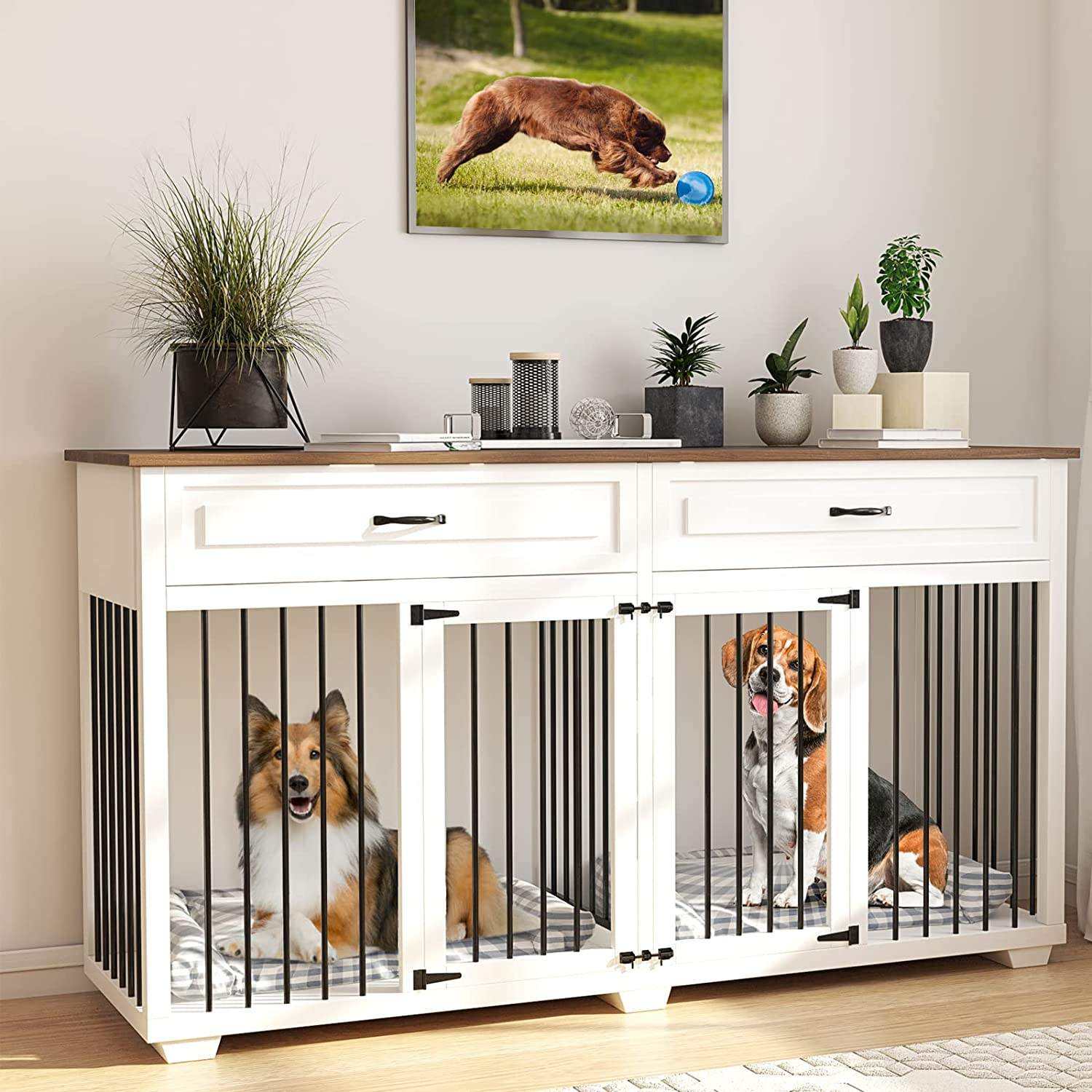 Simple Design with 2 Drawers and Dividers Heavy-duty Dog Crate Made of Slats