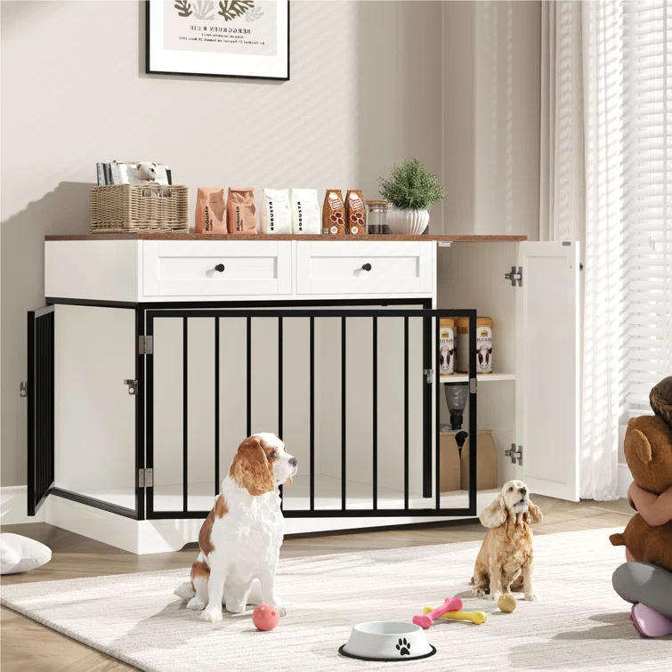 Small and Medium-sized Indoor Double-door Dog Cage with Drawer Storage Cabinet and Dog Bed