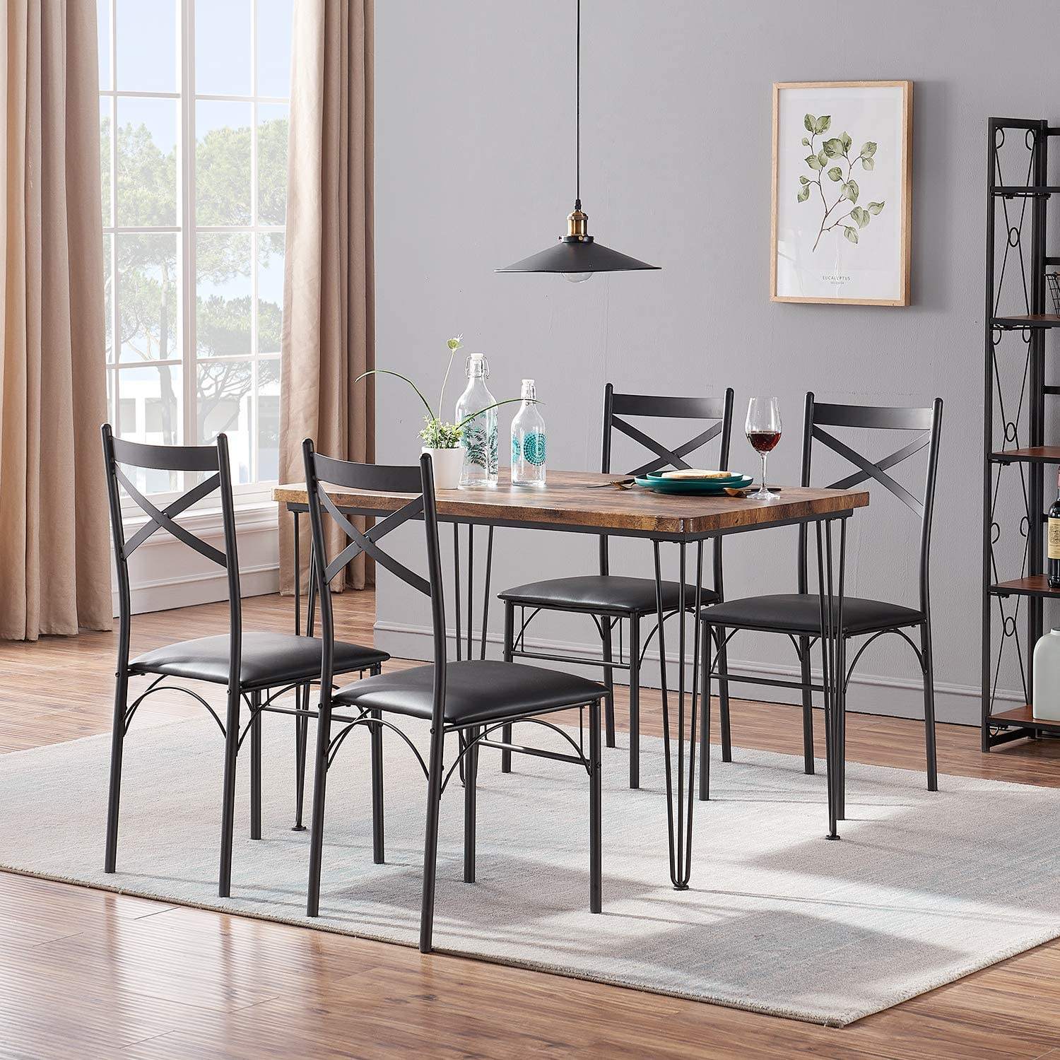 Modern Furniture Elegant Metal Frame Wooden High Dining Table Set With 4 Chairs Rectangle Table for Dinning Room