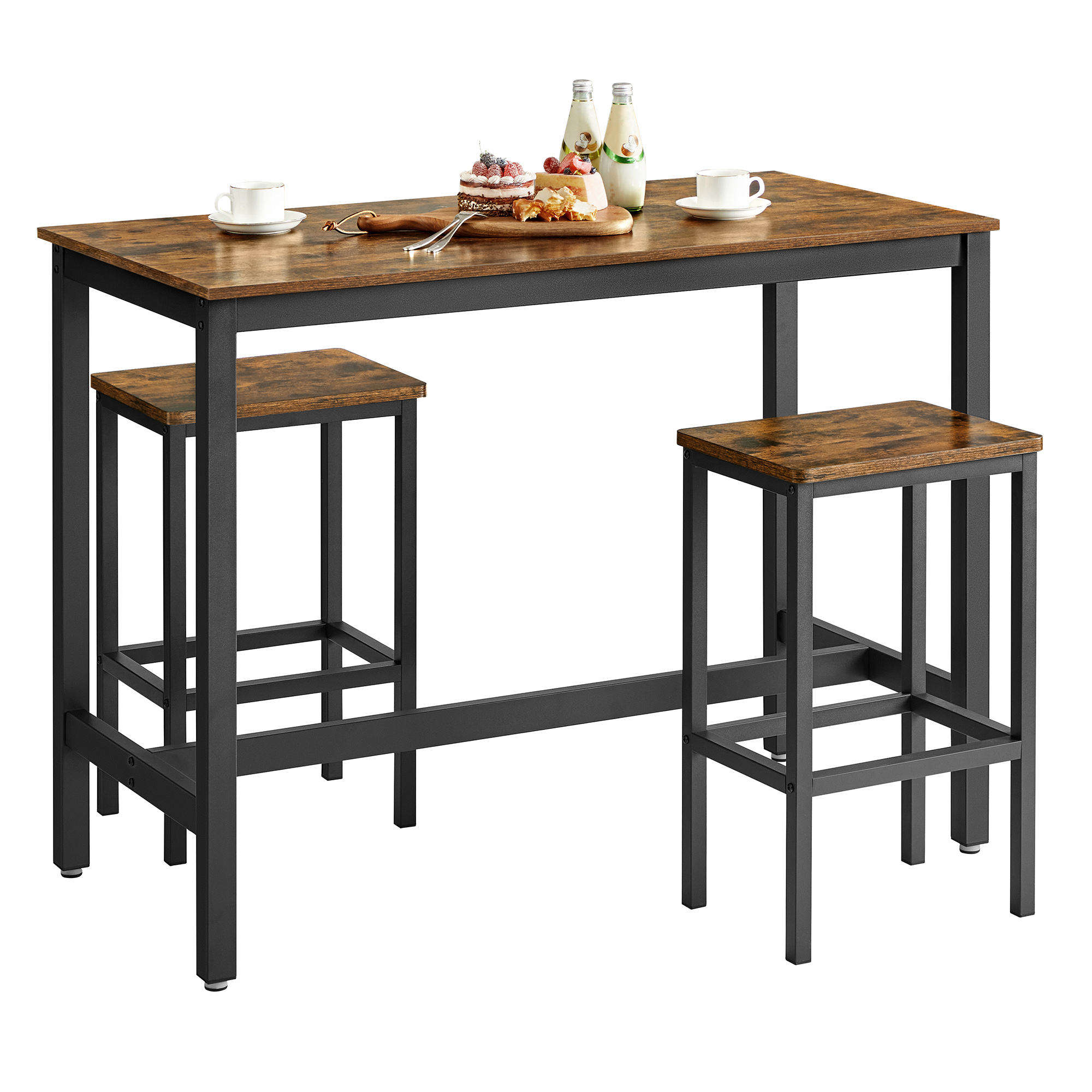 Modern Kitchen bar Counter with a Rectangular bar Table and 2 Wooden Dining Chairs for bar Stools