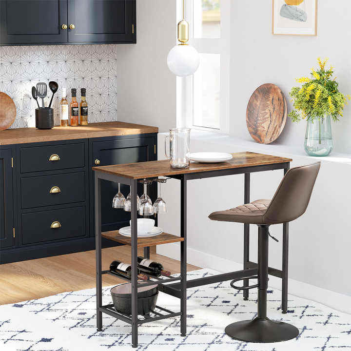 Industrial Style Dining Room with a Set of bar Stools and Chairs Featuring a Wine Rack