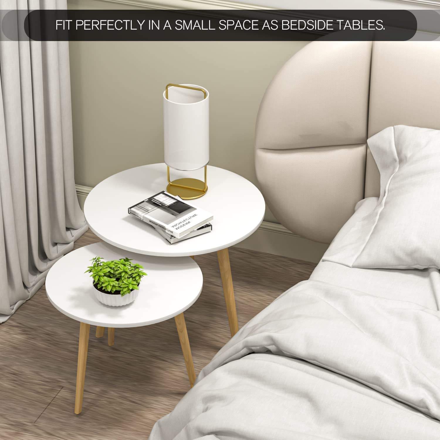 Contemporary Round Nesting Coffee Table Bent Black Gold Metal Side Glass Marble Stone Mdf Wood Nest of 2 Table Set Nesting Table