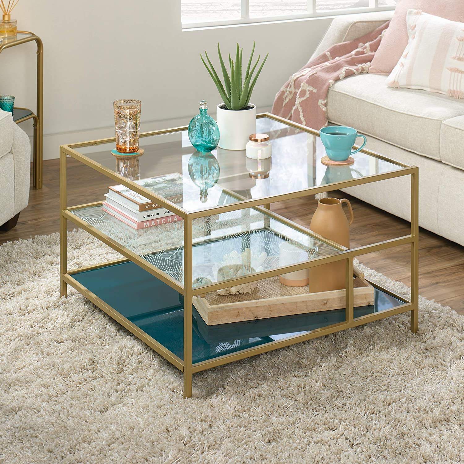 Wholesale 2 Ties Square Glass Coffee Table of Pattern Design Storage Glass Coffee Table