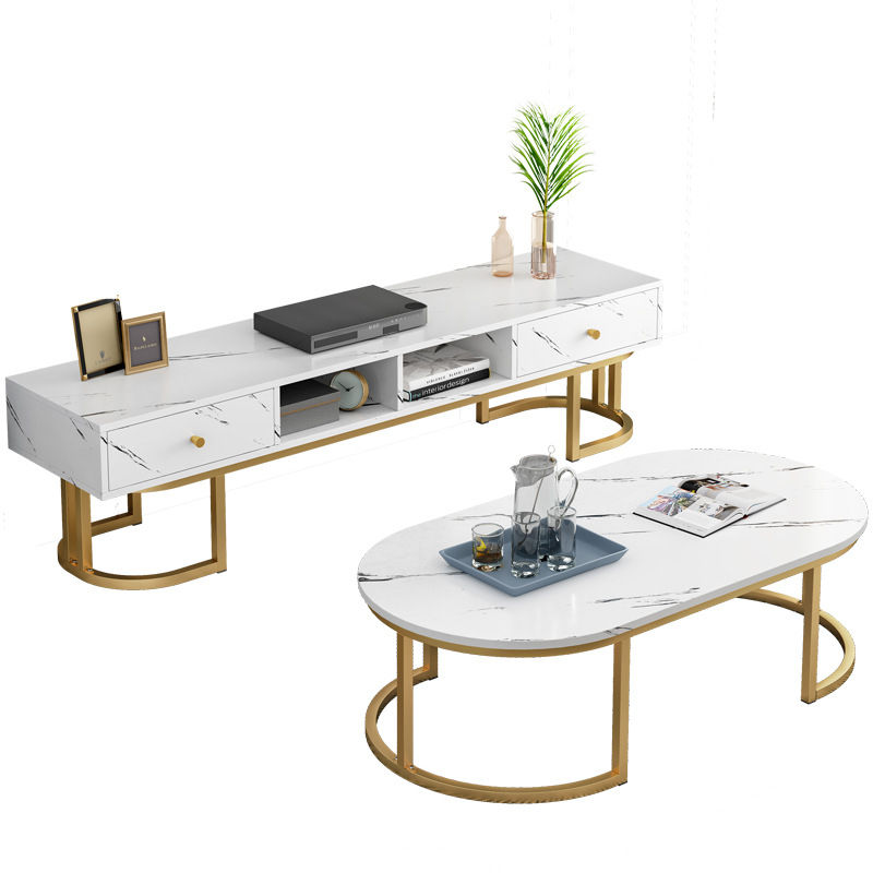 Hot Sale Good Quality Living Room TV Stand and Coffee Table Set of Marble Top Metal Leg TV Table Set