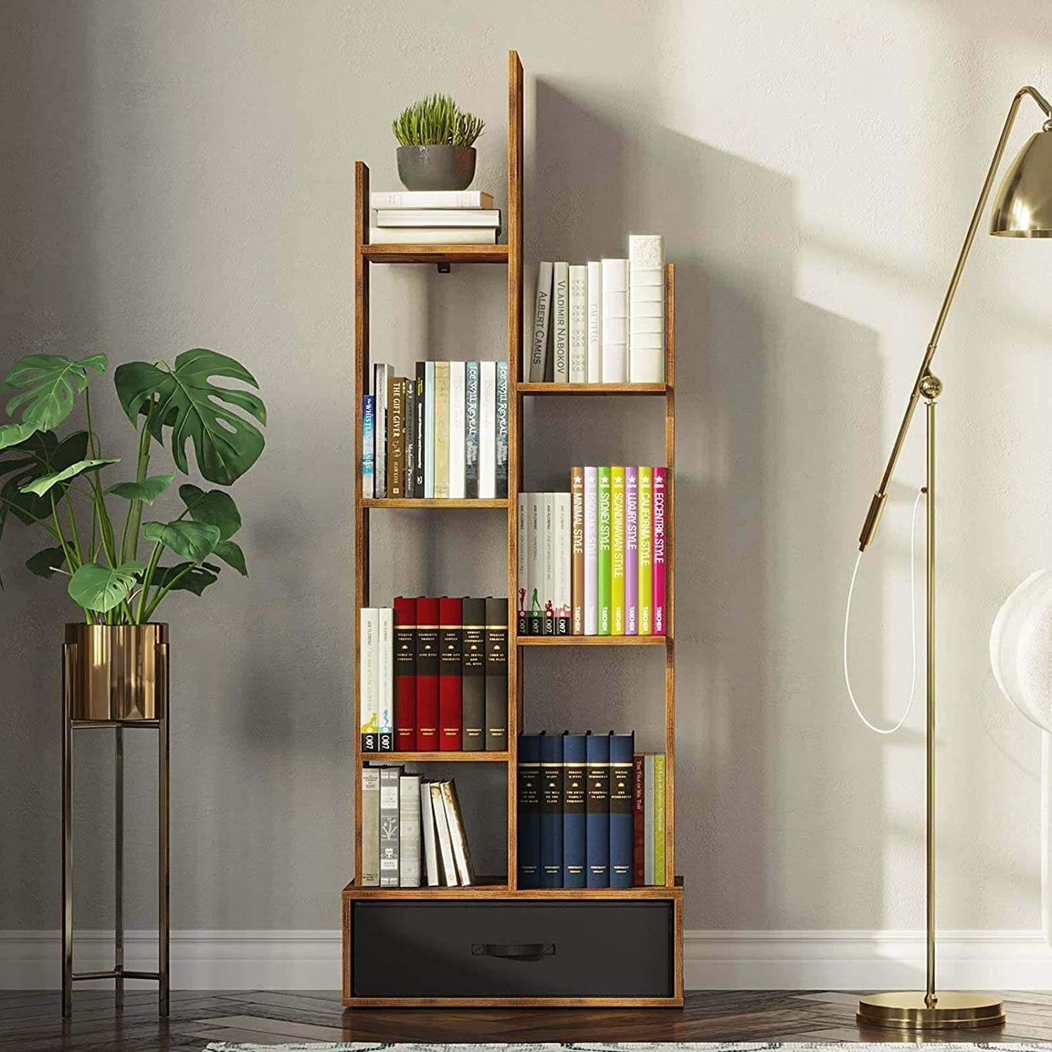 Industrial Vintage Bookshelf Floating Book Shelf With 2 Drawers Free Standing Bookcase, Library Wood Bookcase for Living Room