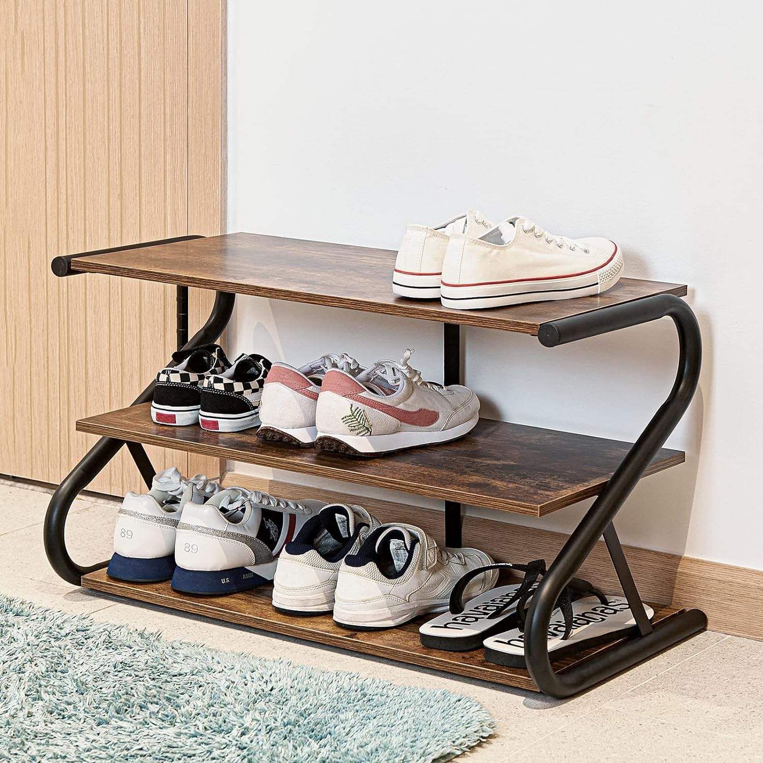 Factory Direct Cheap 3 Tier Shoe Rack Wooden with Shelves Space-saving S Shape Design Cabinet Small MDF Shoe Rack