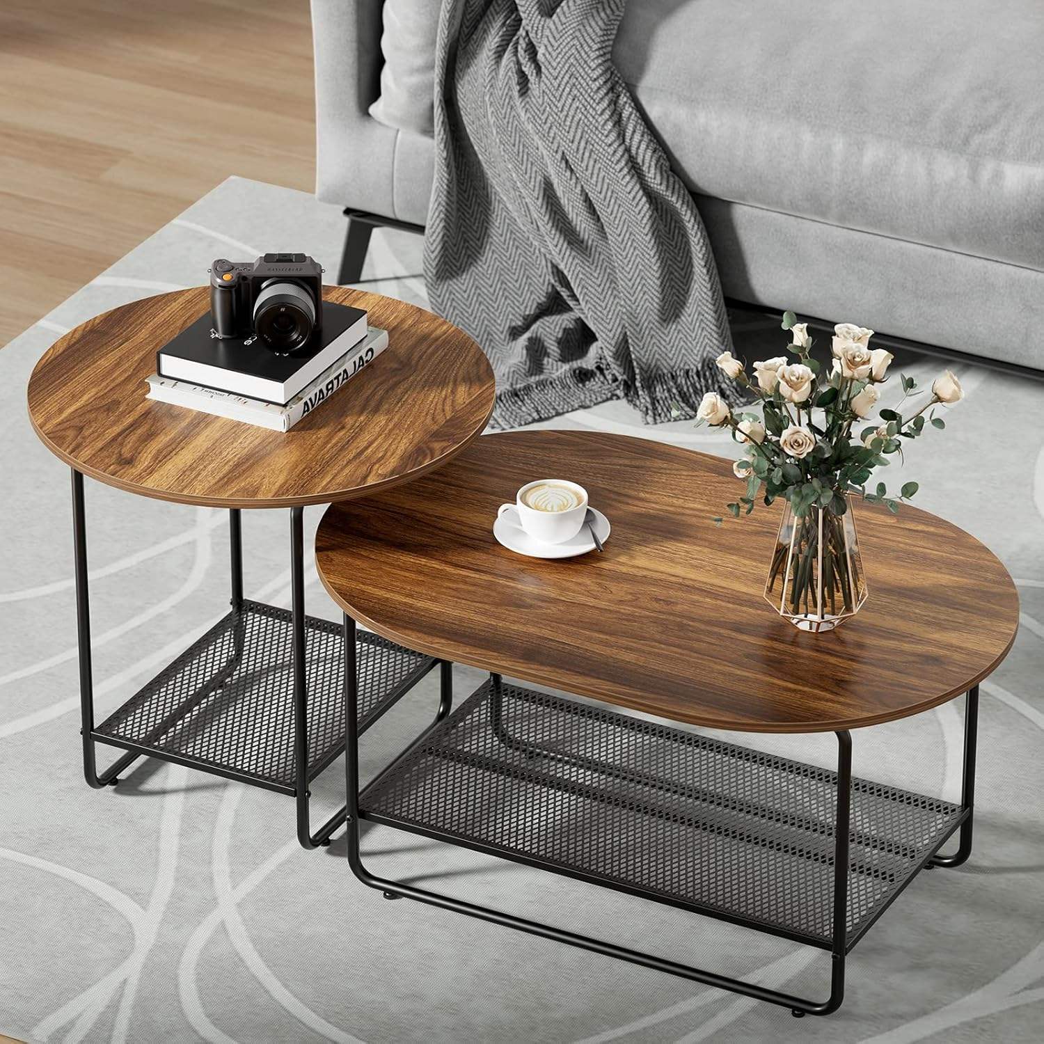 Popular Nesting Rustic Metal Side Table Glass Marble Wooden Accent Mdf Set Coffee Table Nest of 2 Table for Living Room