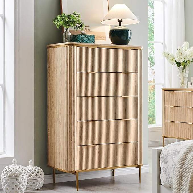 5-drawer Bedroom Modern Dressing Table Drawer Cabinet Gold Embellishment Grooved Front Wooden Storage Dressing Table