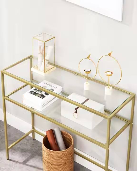 Simple Modern High-end 2-grid Large Storage Antique Metal Steel Leg Glass Roof Living Room Bedroom Console Table