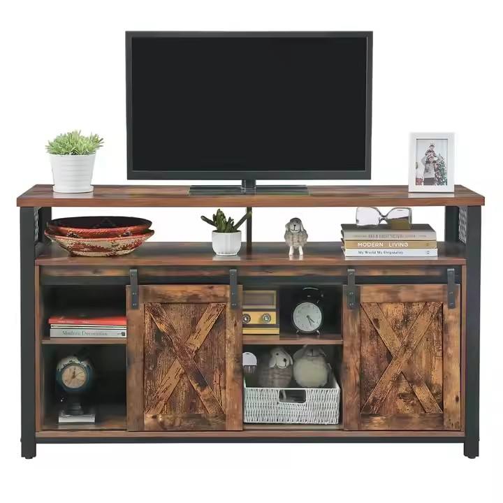 Medieval Nordic Minimalist Living Room Wooden TV Cabinet Storage Unit with Shelves and 2 Closed Cabinets