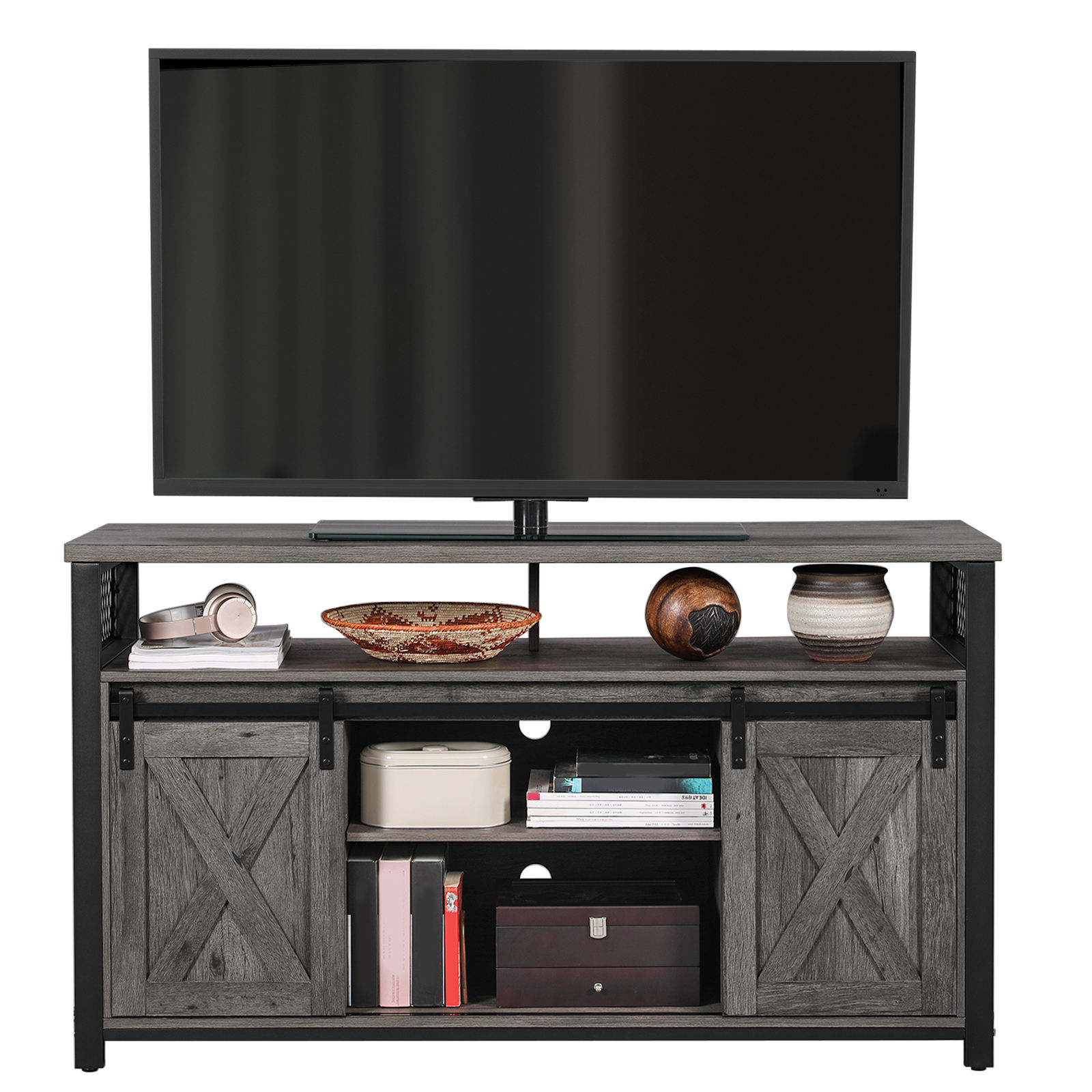 A Wooden TV Stand with a Nordic Retro Style, Featuring 2 Sliding Doors and 2 Shelves