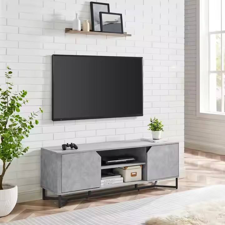 A 2-layer Open Cabinet with a Modern Minimalist Basalt Partition and 2 Closed Cabinets with Steel TV Stands