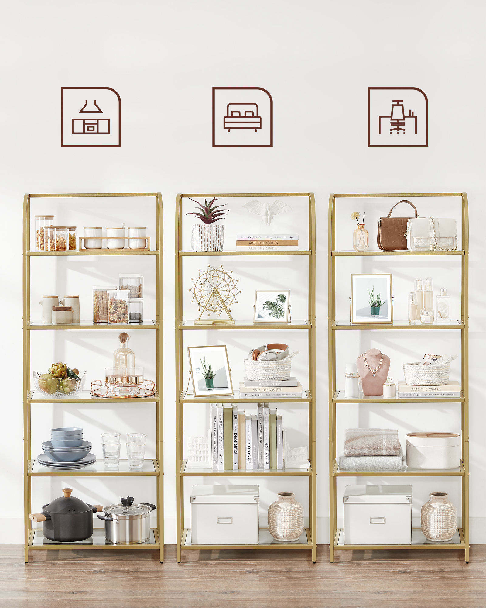 Modern Minimalist Living Room, Study, Bedroom, Large Capacity, Golden Painted Iron Pipe, 5-layer Glass Frame