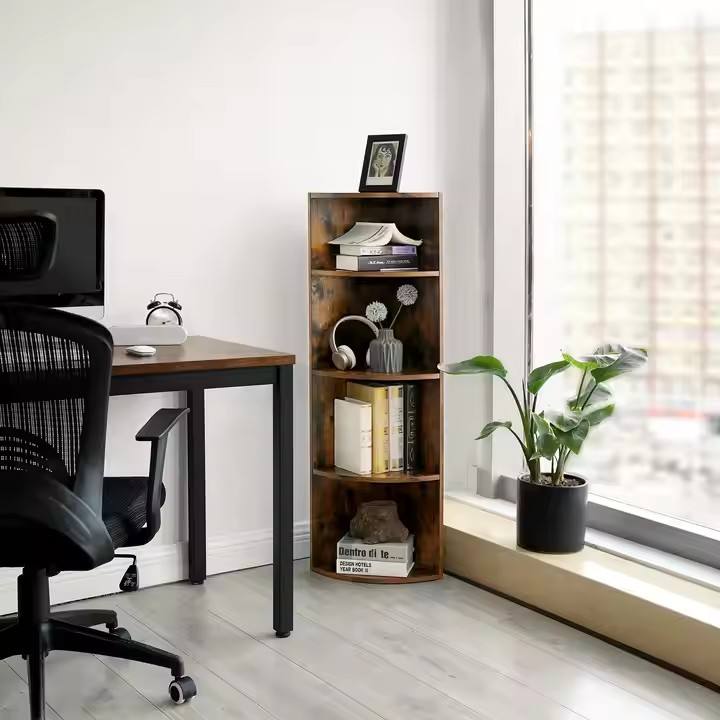 Retro Wooden Corner Bookcase with Simple 4-layer Shelving Storage Rack