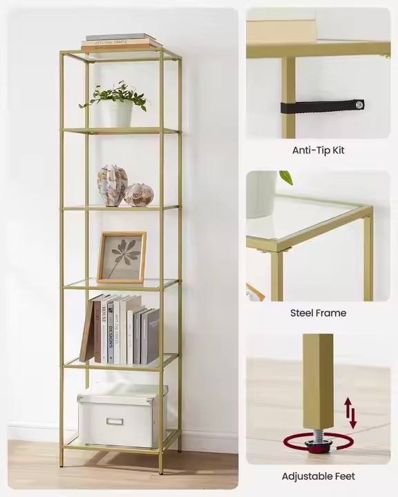 Modern Living Room and Study Vertical 6-layer Glass Bookshelf Steel Frame Bookcase