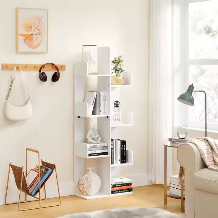 Modern Family Living Room and Bedroom High-quality Tree-shaped Bookshelf with 8 Rounded Corner Storage Shelves and Display Stand
