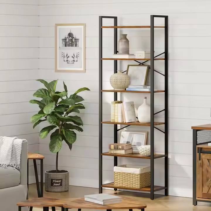 Retro Industrial Home Office with 6-layer Brown Steel Frame Storage Shelves