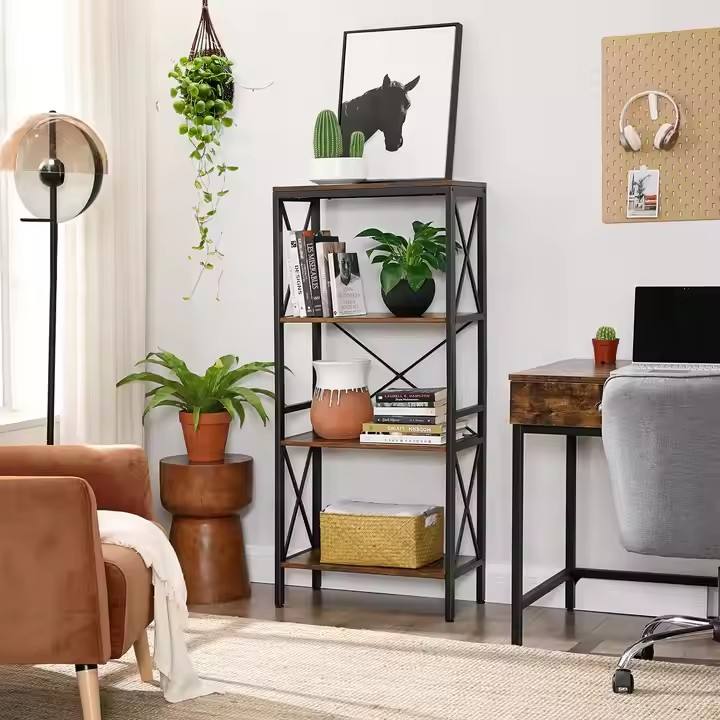 Retro Industrial Kitchen and Living Room Four-layer Wooden and Metal Material Independent Bookshelf Display Stand Bookcase