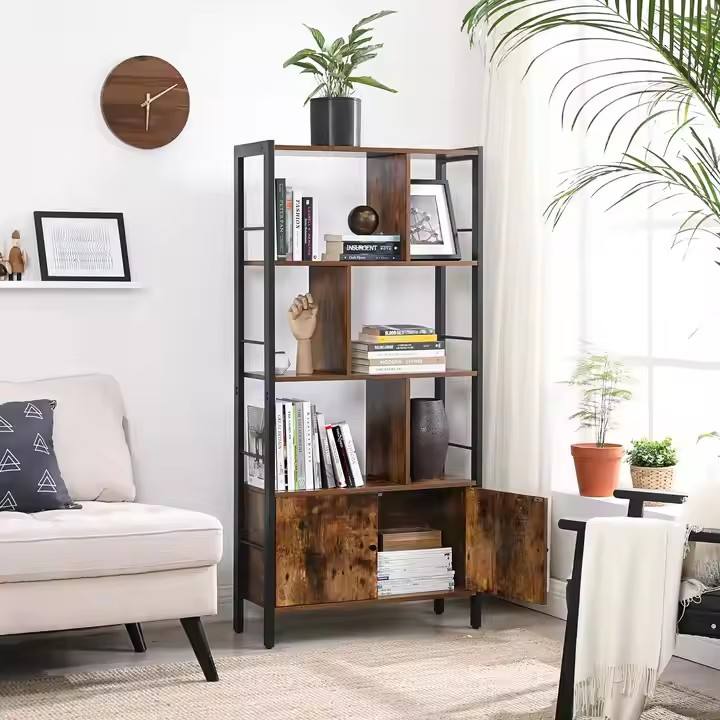Retro-style Bedroom and Living Room - Simple 4-layer Wooden Bookshelf with Cabinet and Storage Rack
