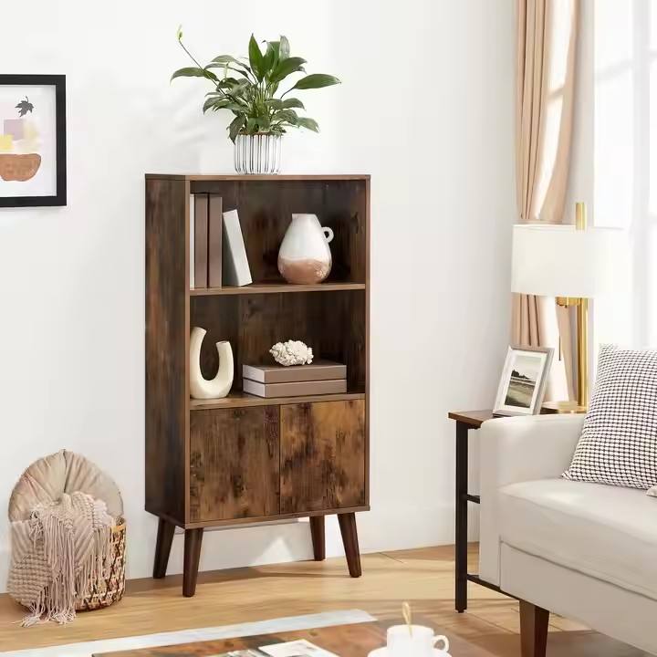 Retro Industrial Office Living Room Corridor Wooden Bookcase with Doors, 2-layer Bookshelf Storage Cabinet