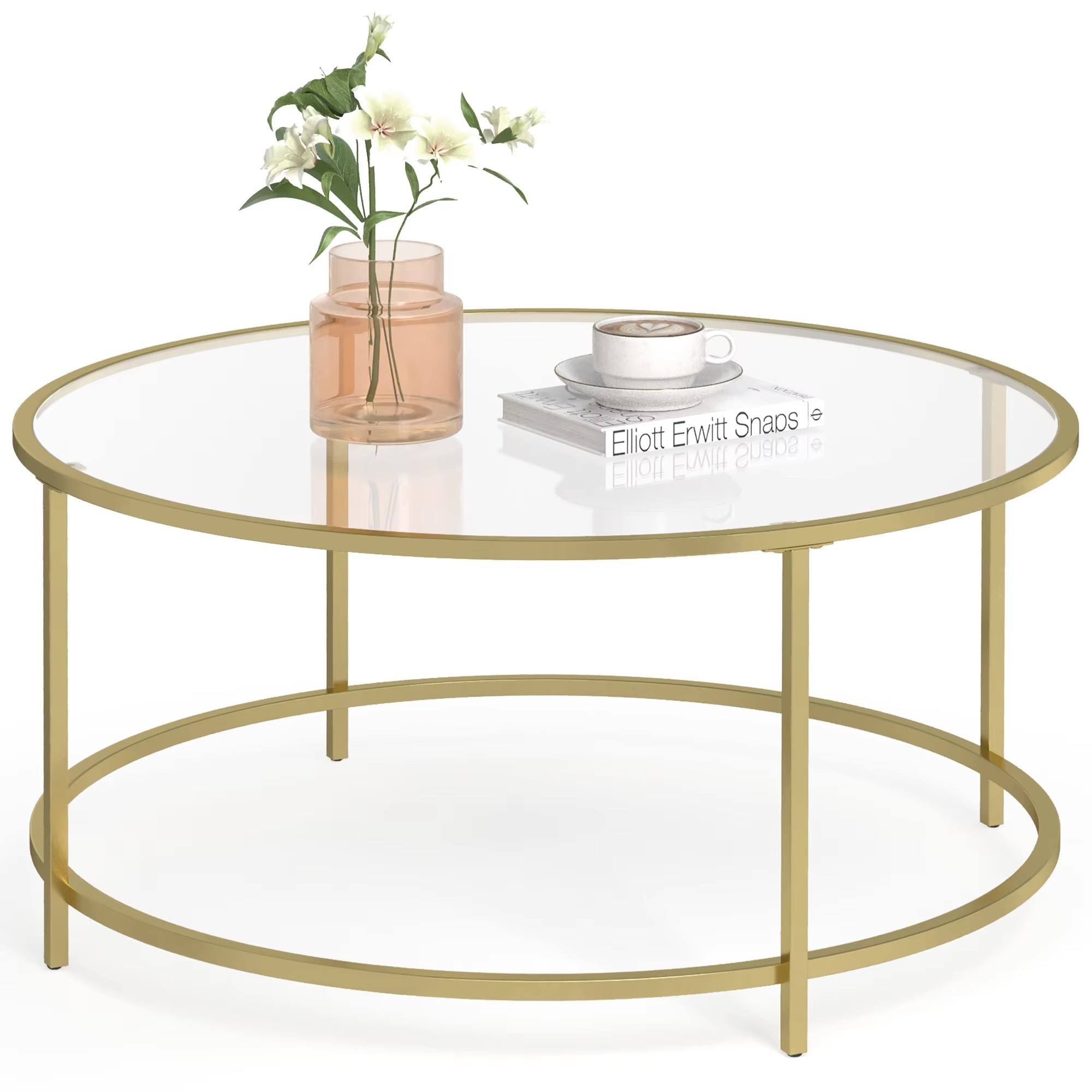 Modern Living Room Table Tempered Glass Accent Side Table with Metal Frame Coffee Table Furniture