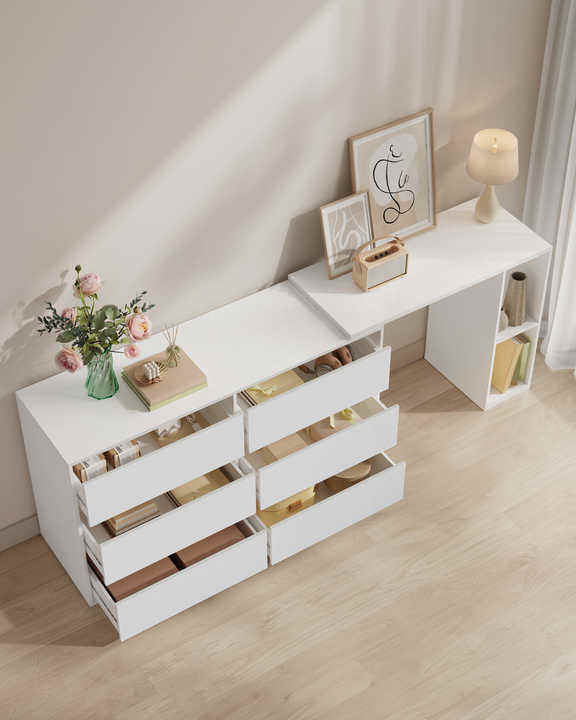 Modern Tool-free L-shaped Dressing Table with Expandable Corner Drawer Cabinet Living Room Cabinet