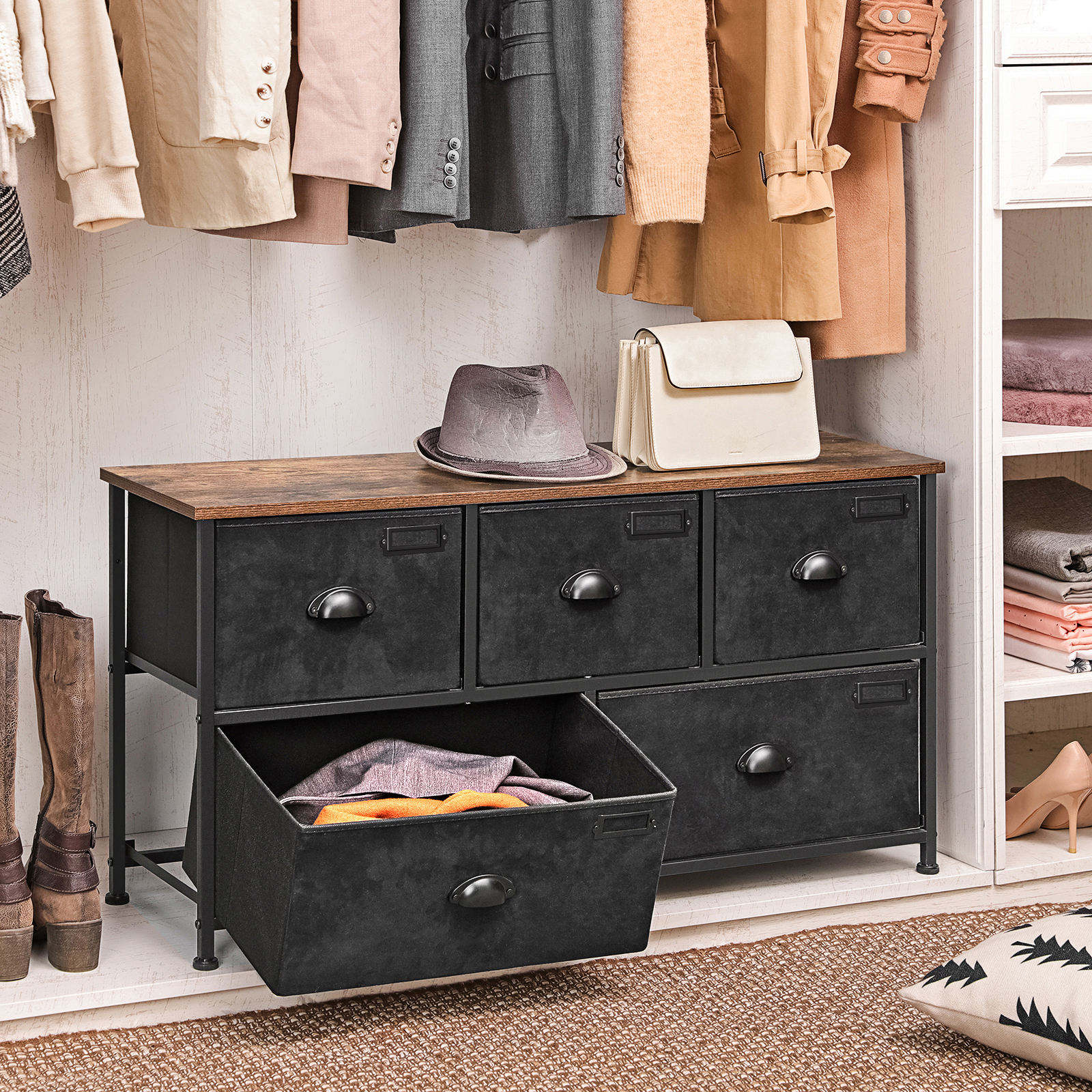Modern Bedroom Storage Unit with Fabric Drawers and Dressing Table Cabinet