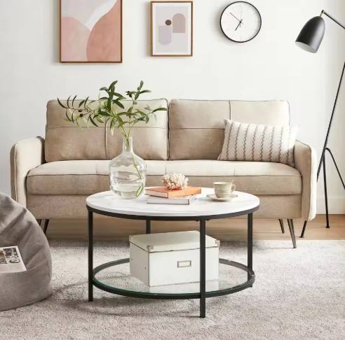 Modern Living Room 2-layer White Artificial Marble Base, Tempered Glass Storage Shelf, Coffee Table, and Desk.