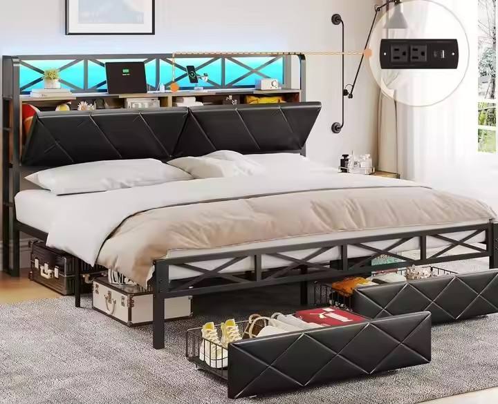 Factory Direct Black Metal King Platform Bed Base Storage Easy to Assemble Frame Bed for Bedroom Funiture or Apartment