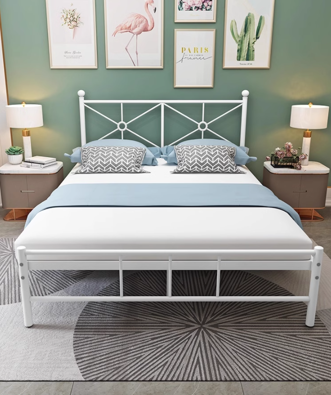 Metal Bed Frame with Built-in Headboard Loft Iron Bed Industrial Style Double Size Platform Bed No Box Spring Needed